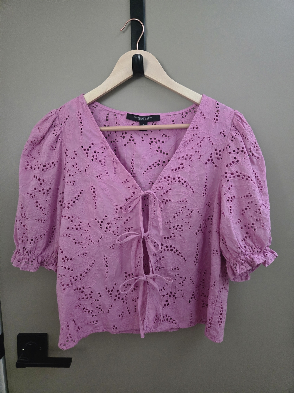 Marc New York Lilac Eyelet Tie-Front Blouse | Puff Sleeve Boho Top